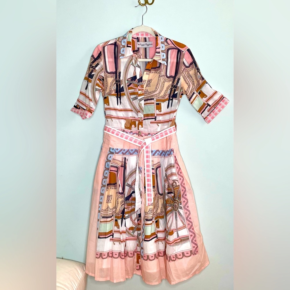 Dizzy Lizzy Mrs. Maisel Tailored, Pleated MIDI Dress in Pink -Small (4-6)